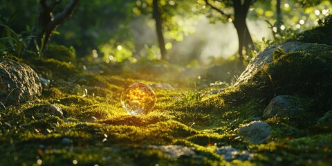 Obraz premium Glass orb glowing on a bed of moss in dappled sunlight