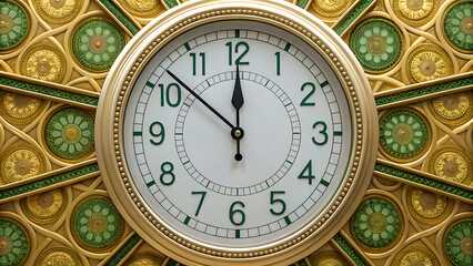 A classic white-faced analog clock with green Arabic numerals and black hands, encircled by a gleaming brass bezel.

