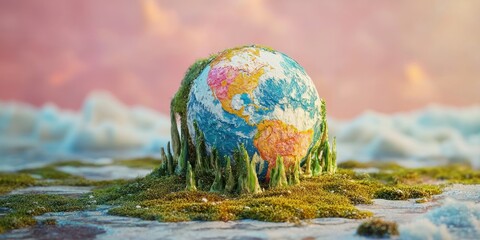 globe on moss with melting ice caps and global warming heat map projections 