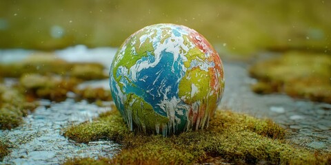 globe on moss with melting ice caps and global warming heat map projections 