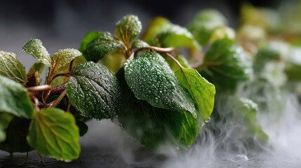 Close-up of vibrant green leaves with water droplets and atmospheric mist.