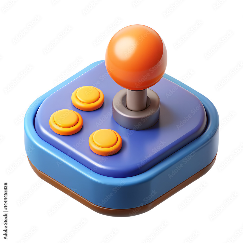 Poster retro gaming controller 3d render joystick with orange buttons and blue console design