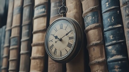 Antique Pocket Watch Hanging with Old Books in Library Vintage Style Still Life