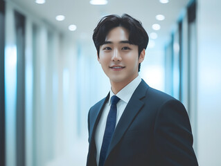 Smiling Korean Businessman in Bright Office Hallway / 밝은 사무실 복도에서 미소 짓는 한국 남성 직장인