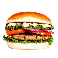 Juicy grilled beef burger with fresh vegetables and creamy sauce in a soft bun isolated on white background