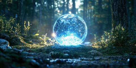 glowing crystal sphere in nature surrounded by symbols of carbon neutrality and climate action 
