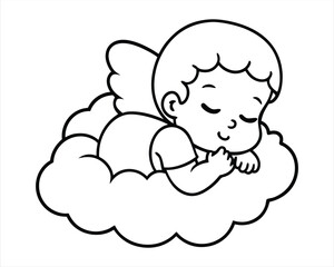 Sleeping Baby Angel on Cloud – Black and White Cartoon