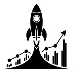 Silhouette of a rocket launching from a graph chart, business acceleration metaphor, simple black shapes on a pure white background