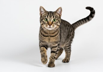 Obraz premium A tabby cat with green eyes walking towards the camera on a plain white background in studio light