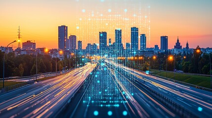 Obraz premium Cityscape at dawn, overlaid with digital data, suggesting futuristic urban connectivity