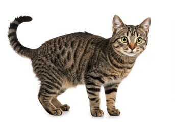 Naklejka premium A tabby cat standing on a white background looking forward with its tail slightly raised up high now