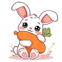 Adorable White Bunny Hugging Giant Carrot in Flower Garden
