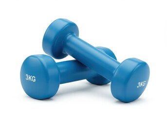 A close up shot of two blue three kilogram dumbbells stacked on top of each other on a white surface