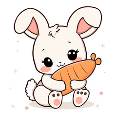 Adorable Cartoon Bunny Hugging Large Carrot, Springtime Illustration