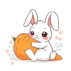 Adorable White Bunny Hugging Giant Carrot with Delicate Flowers