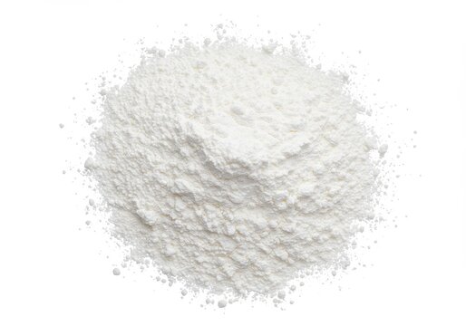 A close up shot of a pile of white powder against a plain white background in a studio setting