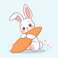 Adorable White Bunny Hugging a Long Loaf of Bread Amidst Spring Flowers