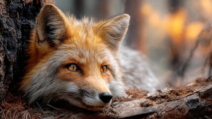 Fototapeta premium Endangered species lost in chaotic wildlife development concept. A close-up portrait of a resting fox in a forest setting.