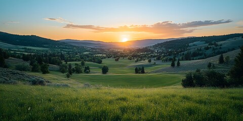 Fototapeta premium Serene Sunset over Rolling Green Hills and Valley