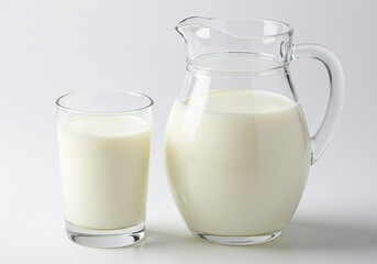 A clear glass of milk and a clear glass pitcher filled with milk on a white background surface