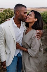 Obraz premium Attractive Young Hispanic Couple Kissing in Sunset Vineyard