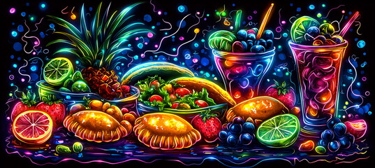electric colors of stylized food items (arepas, empanadas), bright neon outlines, dark background