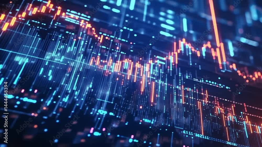 Poster abstract digital data visualization with glowing lines and graphs
