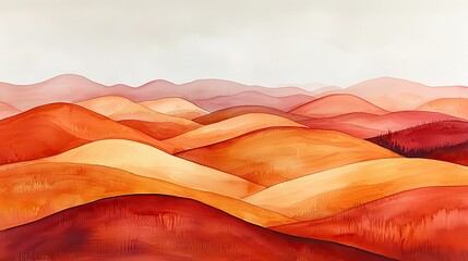 Warm hues paint rolling hills.  Soft shades of orange, red, and yellow blend seamlessly across a landscape of gentle hills, creating a serene and artistic vista