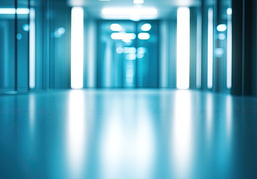 Empty, modern hallway with bright, diffused lighting  Smooth, light-blue flooring reflects the light  Blurred doorways and walls create a sense of spaciousness and calm