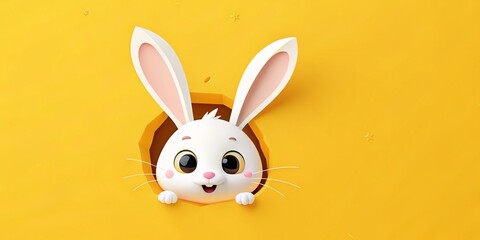 Obraz premium white easter rabbit bunny looking out of hole in yellow gift card background