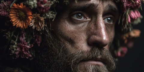 Bearded Man Adorned with Colorful Flowers Portrait