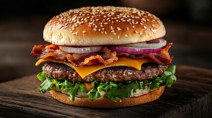 Delicious Burger with Beef, Cheese, Bacon, and Fresh Veggies