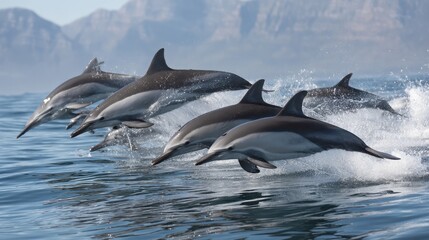 Fototapeta premium Dolphins Leaping in Formation with Mountain Backdrop