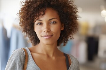 Obraz premium minimalistic portrait of person of any race age gender in casual clothing store blurred background