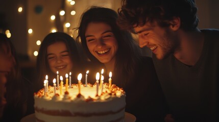 A family celebrating a milestone birthday with a cake and party decorations