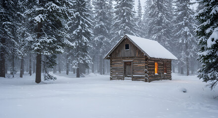 Secluded Cabin In Snow Covered Woods Illuminated Window Light