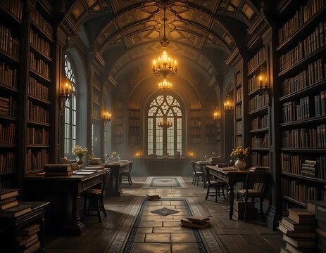 Grand library interior with bookshelves and ornate arched windows creates a majestic feeling.