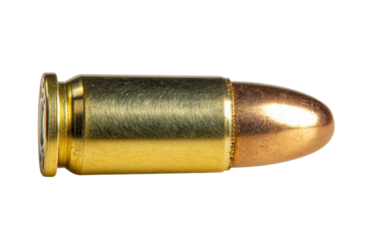 Close-up of a 9mm bullet with brass casing on black background, cut out
