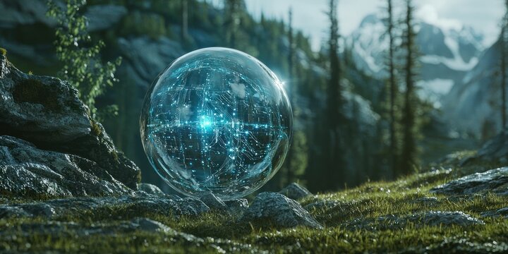 low-carbon tech integrations projected from a glass ball in nature 