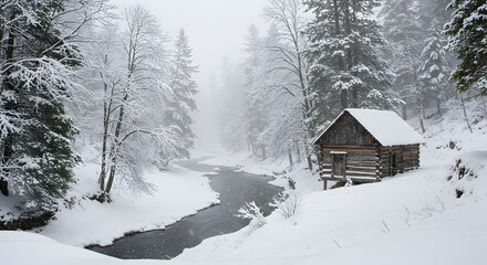 Secluded Winter Cabin In Snowy Forest Beside Peaceful Stream