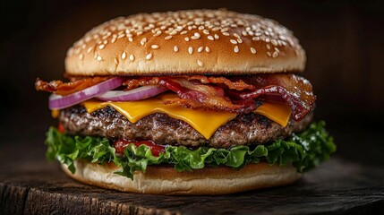 Delicious Burger with Beef, Cheese, Bacon, and Fresh Veggies