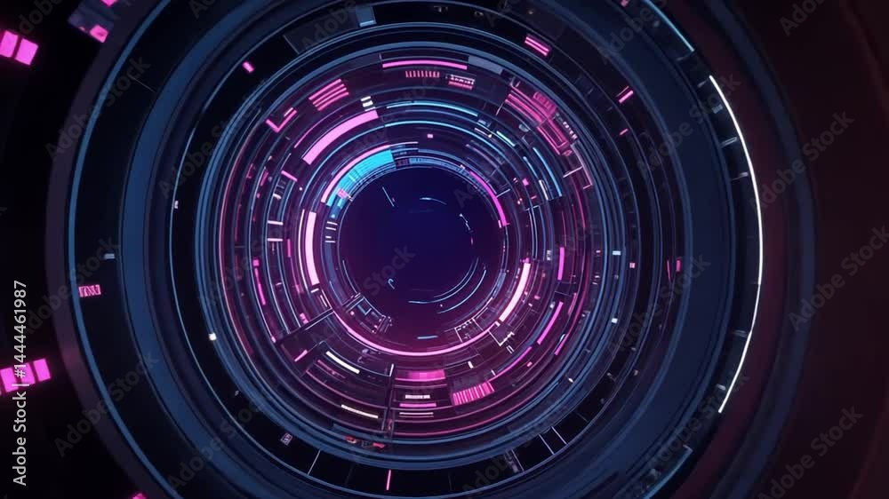 Poster dynamic abstract digital tunnel with neon lights and patterns