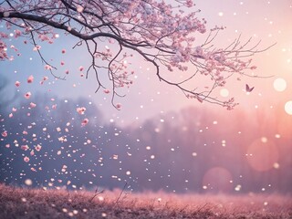 Enchanted Winter Wonderland Pink Blossom Snowfall at Sunrise