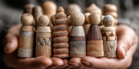Businessman Showcasing Team Concept with Wooden Figures