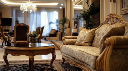 Hotel lobby with luxurious ambiance and exclusive furniture