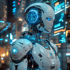 Abstract Futuristic Robot Design – High-Tech Concept with Metallic Elements, Glowing Lights, and Sci-Fi Aesthetic in a Digital Environment