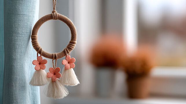 Dreamcatcher with kumihimo braiding and cherry blossoms swaying in a gentle breeze by the window