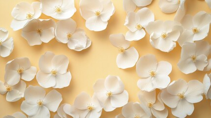 Delicate white flower petals arranged on a pale yellow surface.