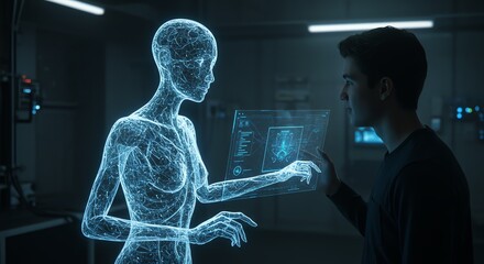 Man Interacting with Holographic Display and Humanoid Figure