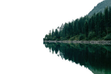 Tranquil forest reflection on serene lake at dusk, cut out